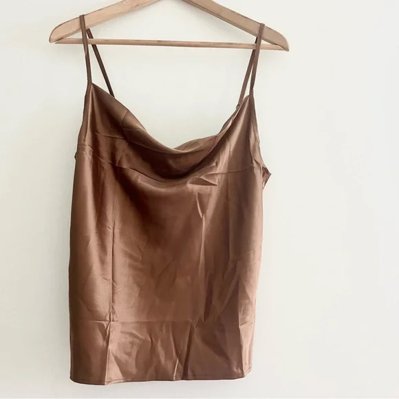 NWT Simplee Boutique Brand Brown Silky Tank Top w Adjustable Straps Cowl Neck M - Picture 3 of 7